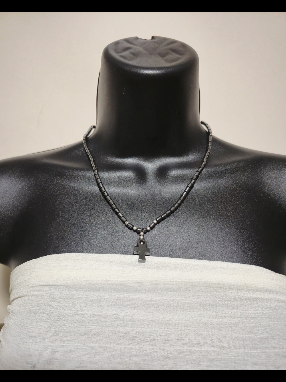 Black Ankh Hematite Bead Necklace with Cross Pendant